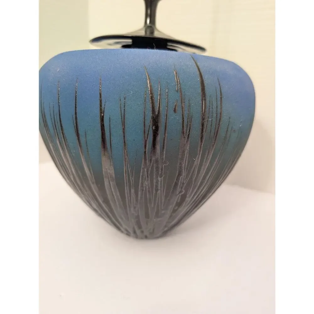 Modernist Studio Art Pottery Lidded Vessel Ombre Blue Sgraffito Grass Tall